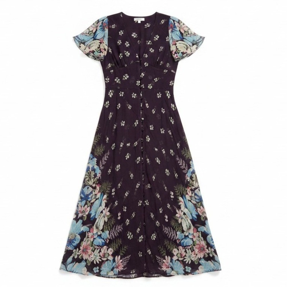 Sundance‎ Purple Floral Button Front Midi Dress Flutter Sleeve Boho 6